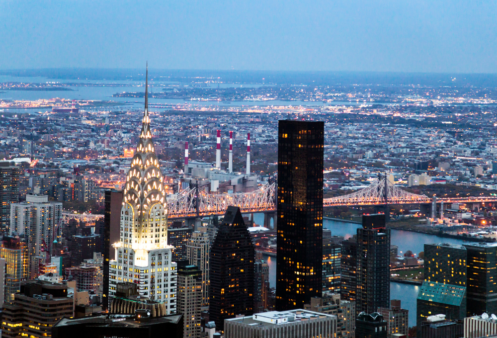 NYC Skyline lit up in the evening